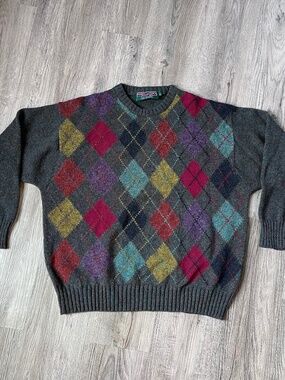 Vtg Kerry Classics Ireland XL Argyle pure new Wool Oversized Academia Sweater
